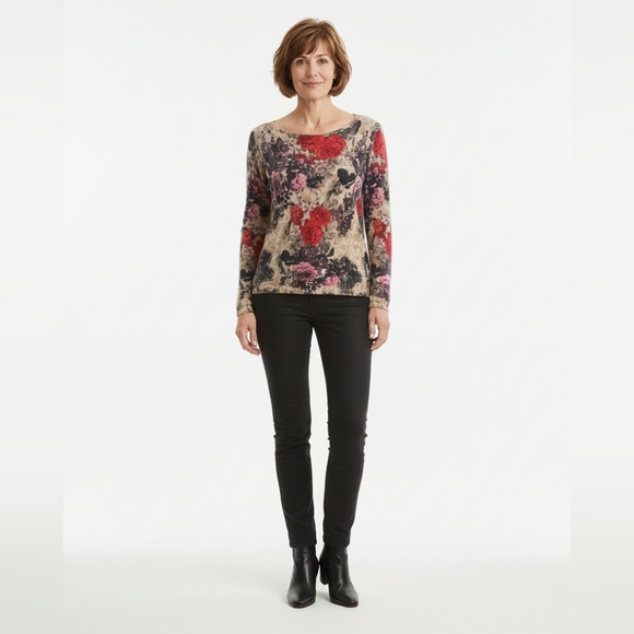 Talbots Tops - Talbots 100% Pure Merino Wool Sweater Medium Petite Red Tan Floral Long Sleeve